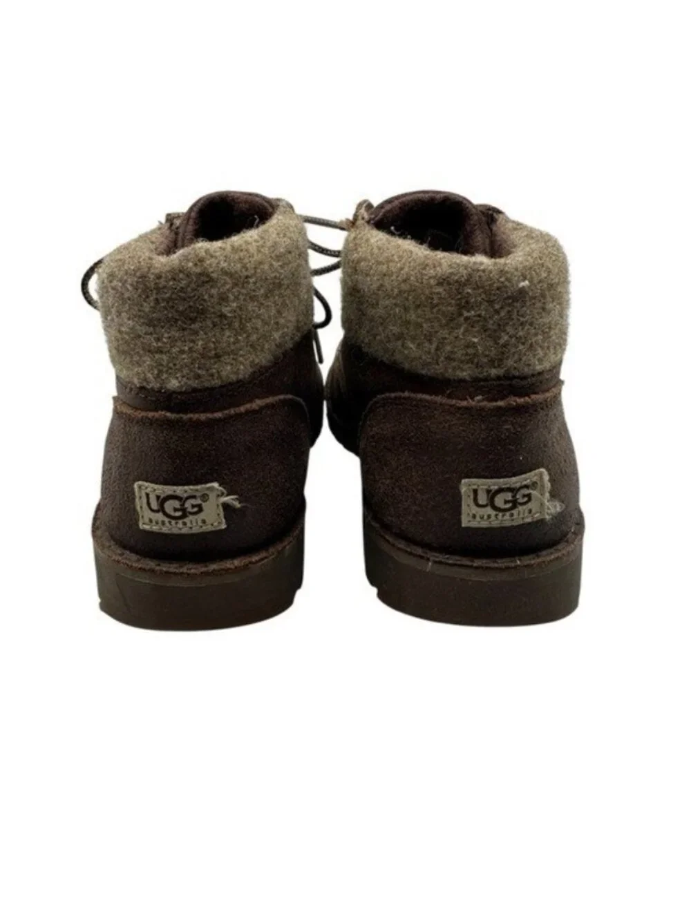 UGG Orin Kids Size 3 Ankle Boots Wool Brown Leather Wool Cuff Lace Up 1008001K